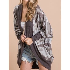 First Love Gray Camouflage Print Cardigan with Dolman style sleeves